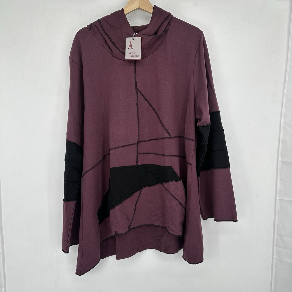 NWT Avani del Amour 1X Hooded Tunic Top Boho Artwear Lagenlook Burgundy Gothic